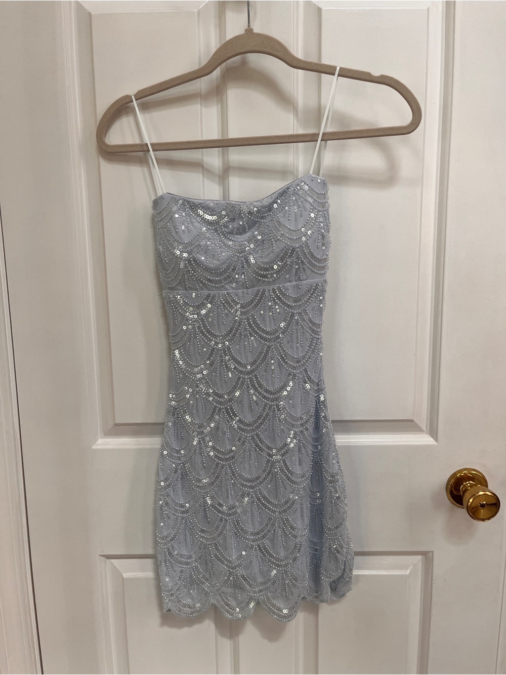 Windsor Lilah Beaded Scallop Mini Dress in Light Blue - size XS